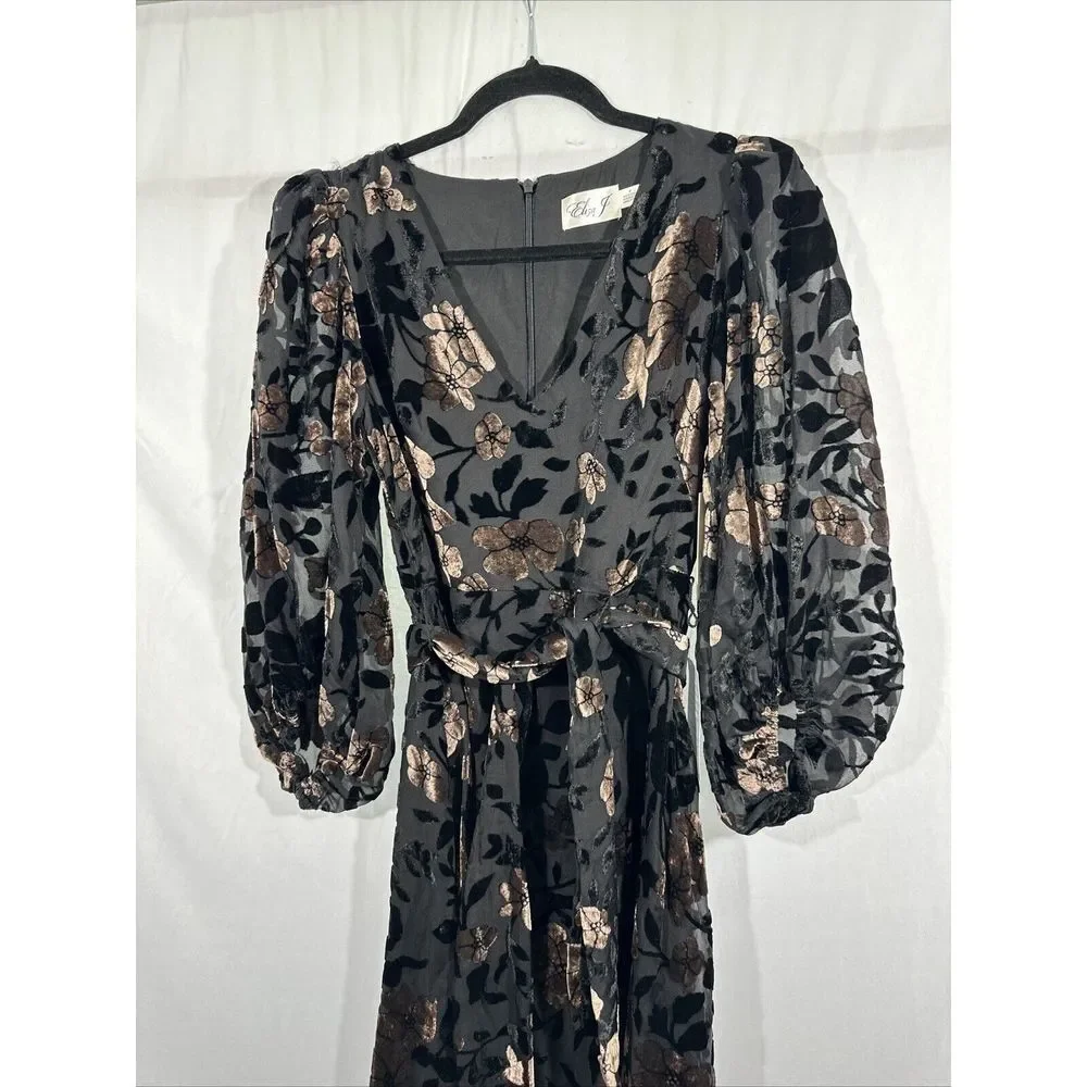 NWT $198 Eliza J [ 0 ] Velvet-Burn Floral Puff Sleeve High Low Dress Black #J238